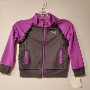 NWT PUMA Toddler Girls Ruffled Track Jacket-Purple-Gray-Front Pockets-Sporty-2T